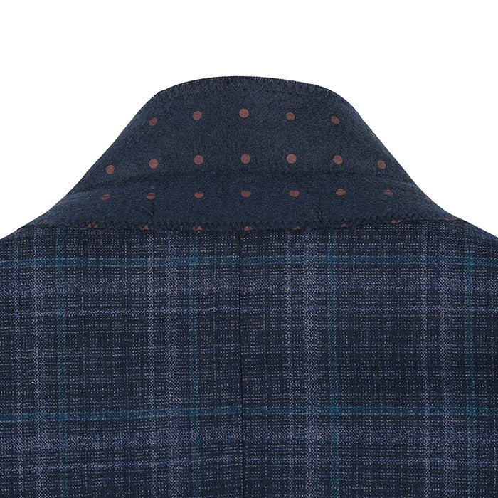 Wool Blend Regular Fit Stretch Checked Blazer in Navy