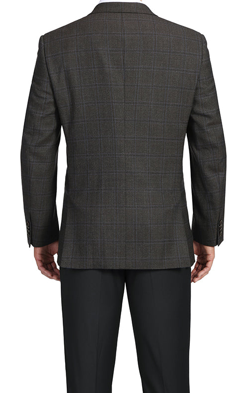 A brown Glen Plaid 100% Wool Regular Fit 2 Button blazer jacket by Renoir, featuring notch lapels.