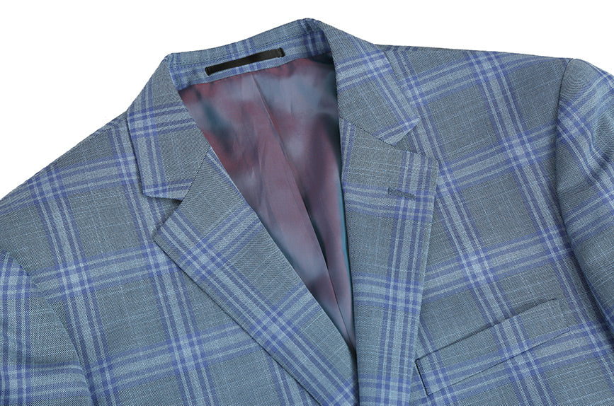 A checkered Renoir Regular Fit 2 Piece Suit Glen Plaid in Blue blazer, featuring a collar and front pocket.