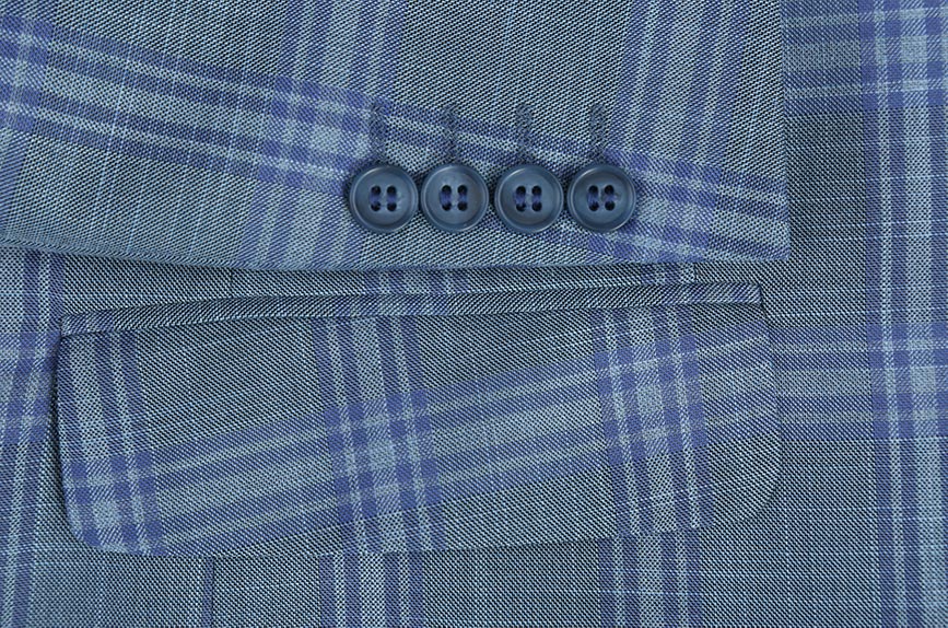 A detailed close-up view of a button and collar on the checkered Regular Fit 2 Piece Suit Glen Plaid in Blue jacket.