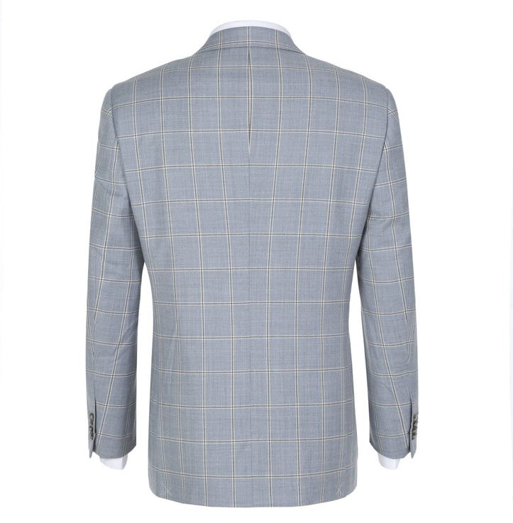A checkered 100% Wool Windowpane Pattern Regular Fit 2 Button Blazer in Stone Blue jacket, displayed on a white background.