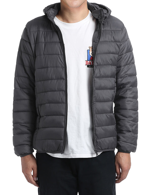 Renoir Men's Quilted Puffer Jacket with Detachable Hood in Gray, solid pattern, showing sleeve and pocket.