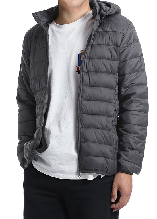 Solid Men's Quilted Puffer Jacket with Detachable Hood in Gray, a Renoir overcoat.