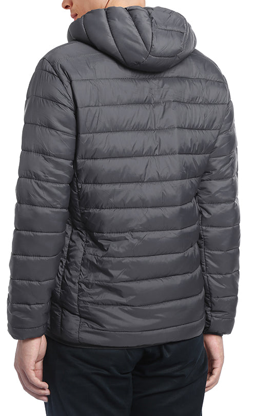 Renoir Men's Quilted Puffer Jacket with Detachable Hood in Gray, solid, showing quilted texture.