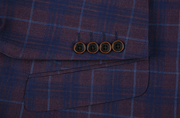 Renoir Slim Fit Blazer Glen Plaid in Blue jacket displayed on a mannequin, checkered pattern, with notch lapels and buttons.