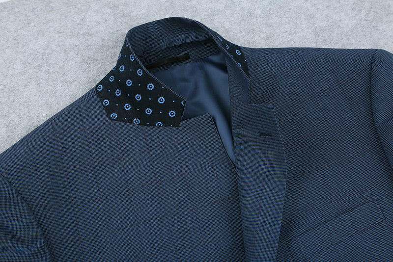 Blue 100% Wool Mini Check Pattern Regular Fit 2 Button Blazer showing collar, two front buttons, and pockets.