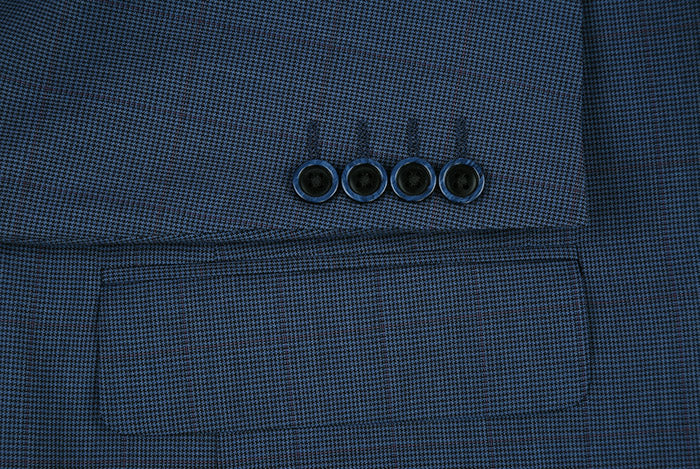 Renoir 100% Wool Mini Check Pattern Regular Fit 2 Button Blazer in Blue, with collar, buttons, and pocket.