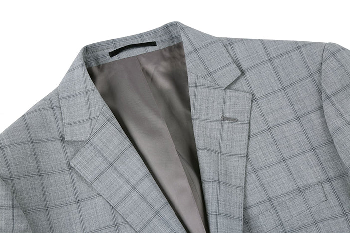 Gray 100% Wool Slim Fit Windowpane Dress Suit 2 Piece blazer with collar and buttons.