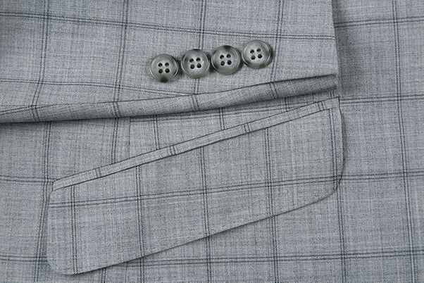 Renoir 100% Wool Slim Fit Windowpane Dress Suit 2 Piece in Gray jacket, showing collar and front buttons.