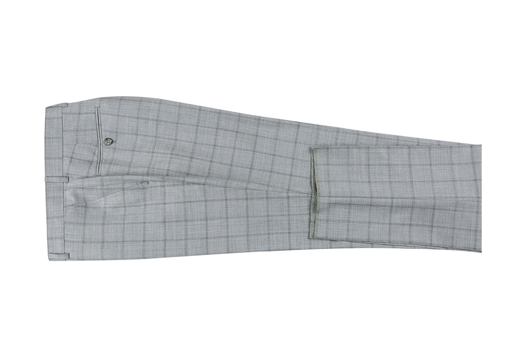 Renoir 100% Wool Slim Fit Gray Windowpane 2 Piece Dress Suit jacket and pants, with checkered pattern.