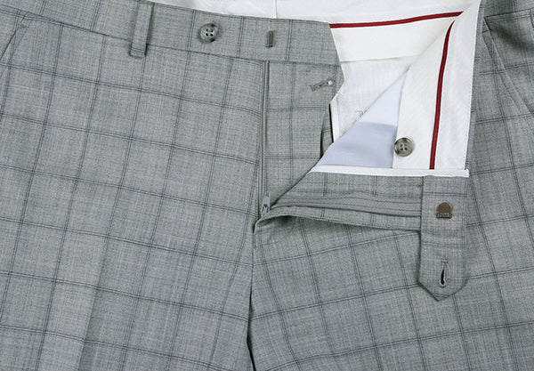 Gray 100% Wool Slim Fit Windowpane 2 Piece Dress Suit, with a checkered pattern.