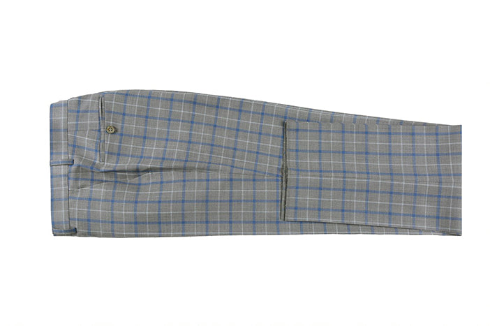 Close-up of the pocket and button on the 100% Wool Regular Fit 2 Piece Windowpane Dress Suit in Gray, on a white background.
