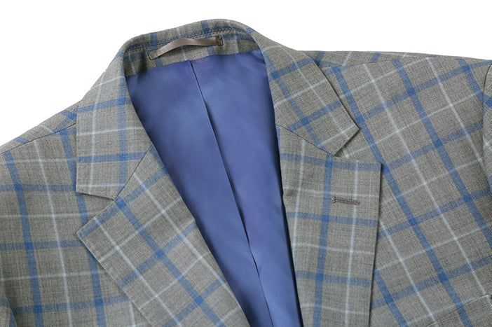 100% Wool Regular Fit 2 Piece Windowpane Dress Suit in Gray jacket, showing collar, buttons, and pocket details.