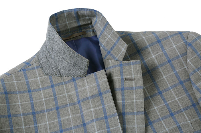 Renoir gray 100% Wool Regular Fit 2 Piece Windowpane Dress Suit jacket, showing collar, buttons, and pocket.