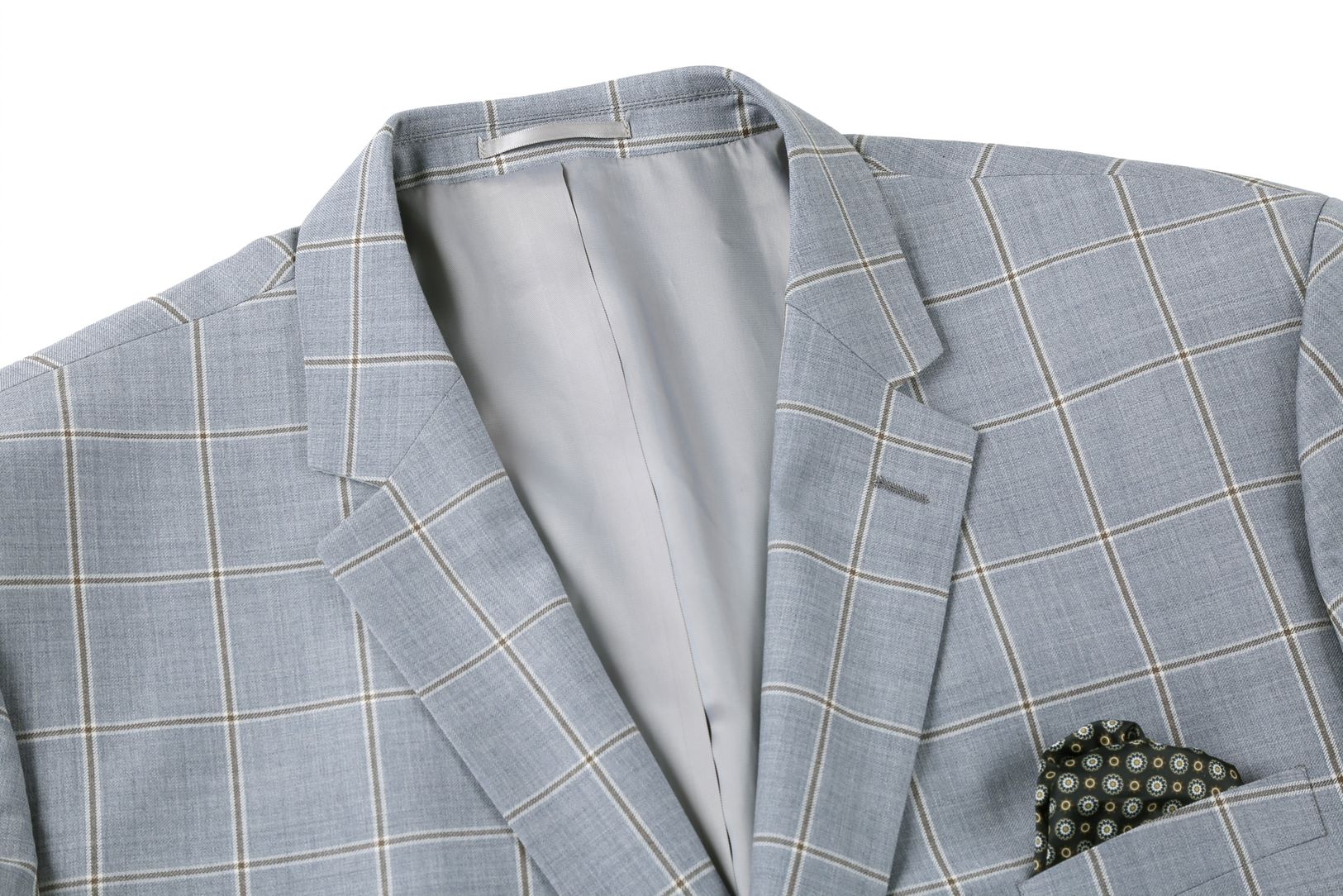 Close-up of the collar on a Stone Blue 100% Wool Windowpane Pattern Regular Fit 2 Button Blazer.