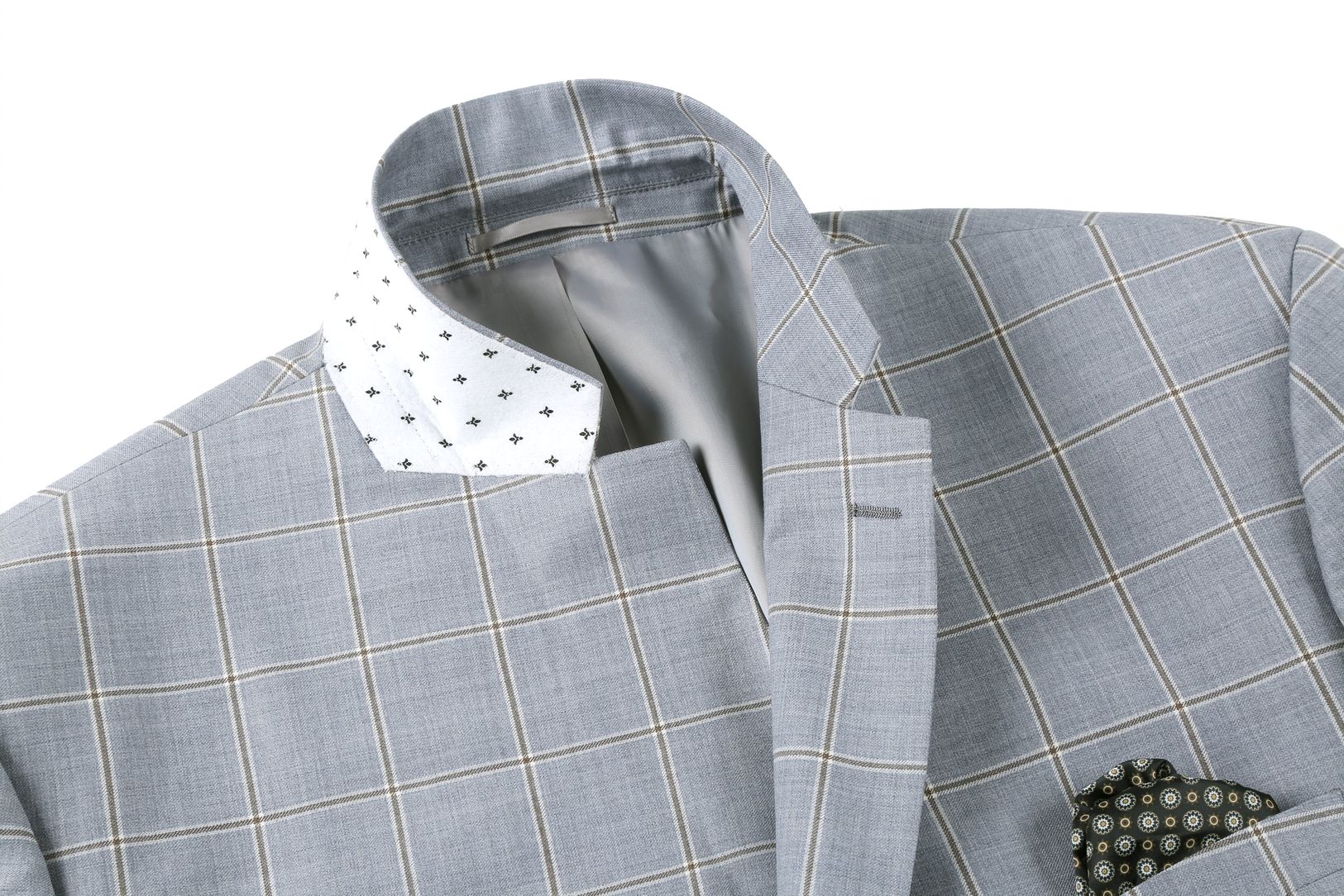 100% Wool Windowpane Pattern Regular Fit 2 Button Blazer in Stone Blue jacket, showing collar and buttons.