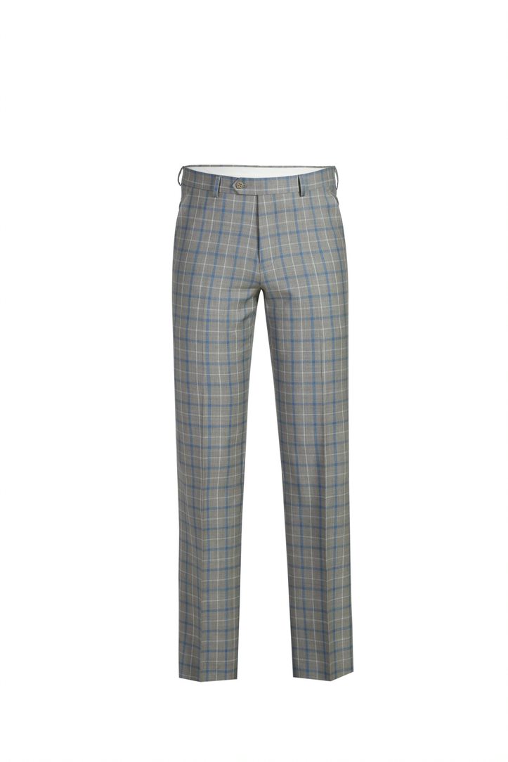Checkered 100% Wool Regular Fit 2 Piece Windowpane Dress Suit in Gray pants on a white background.