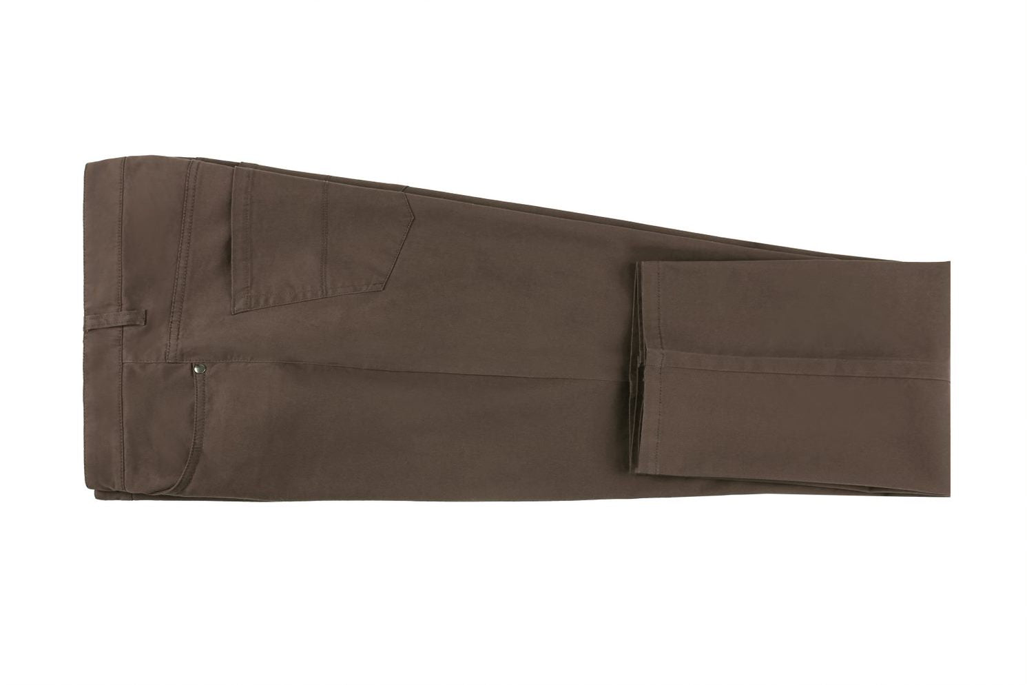 Solid Stretch Cotton Flat Front Pants Straight Legs in Brown showing button and pocket details on a white background.