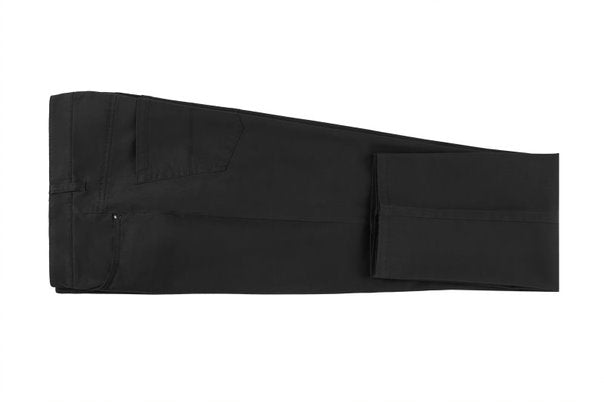 Close-up view of the solid pocket on the black stretch cotton flat front pants with straight legs.
