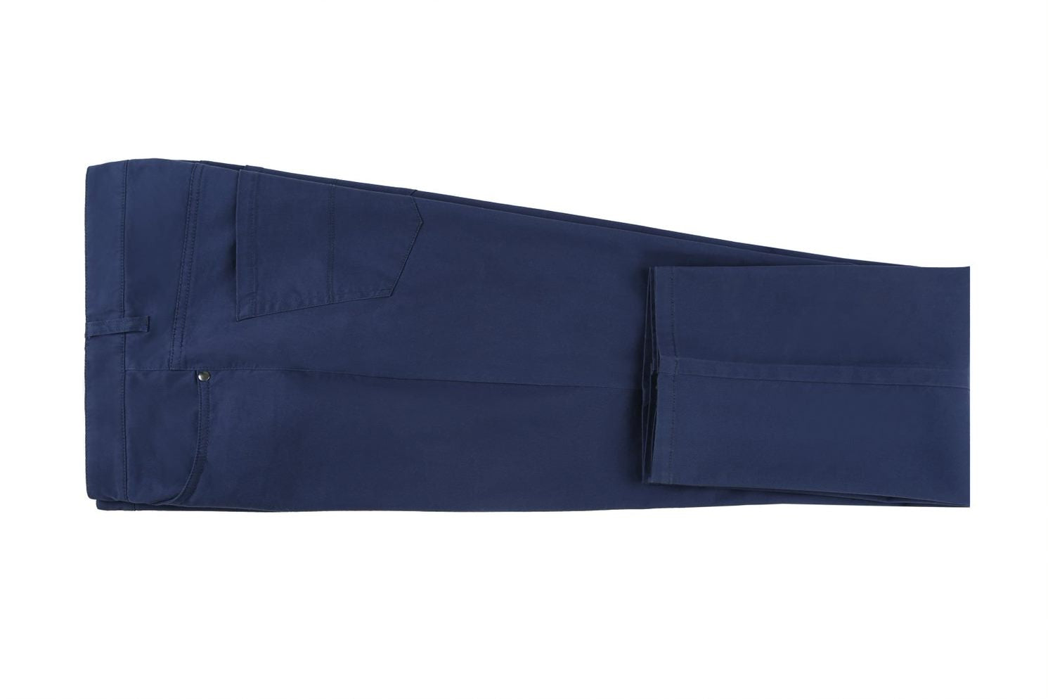 Close-up of solid blue Stretch Cotton Flat Front Pants pocket, showing button detail on white background.