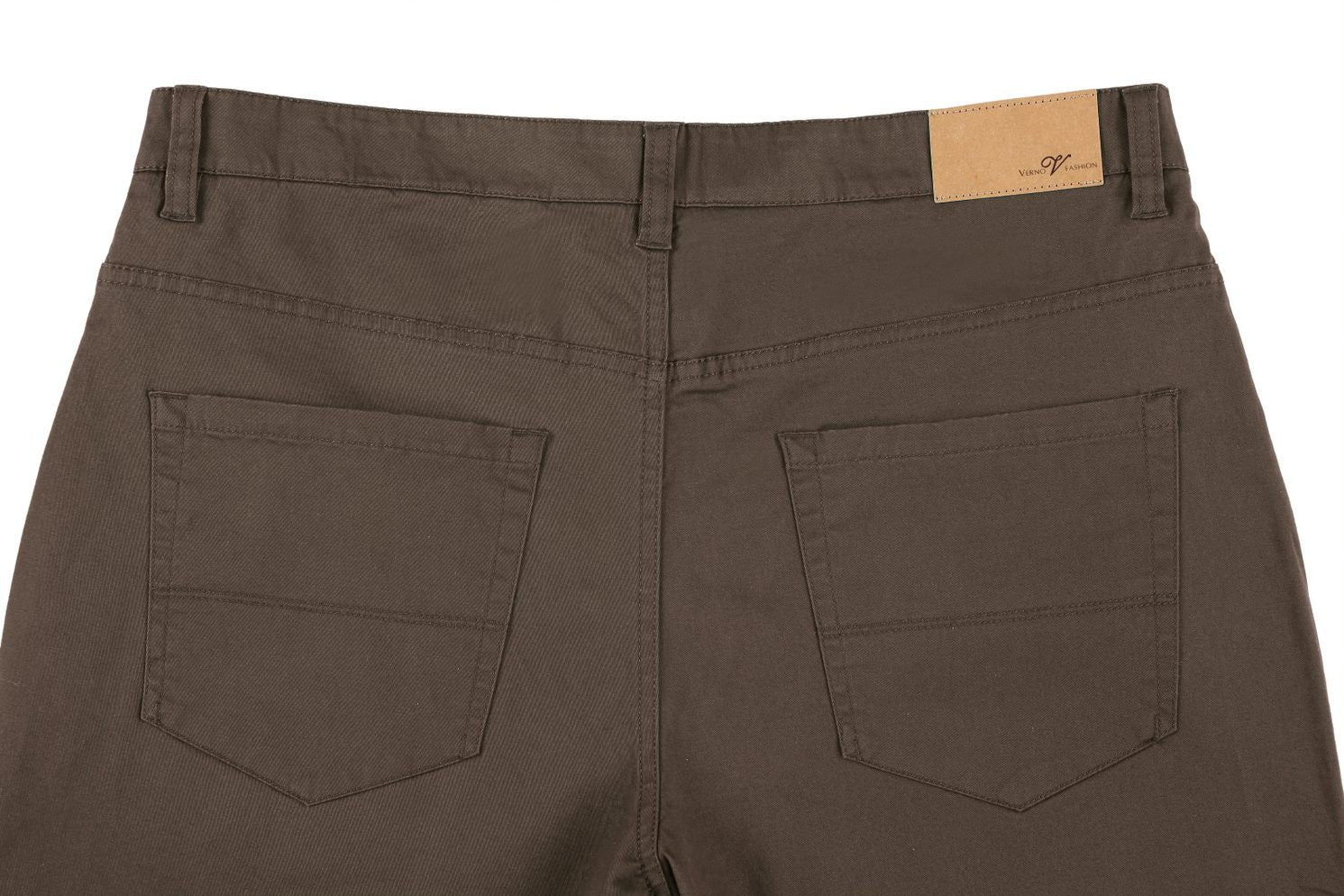 Solid Stretch Cotton Flat Front Straight Legs in Brown pants, showing waistband, belt loops, and front pockets.