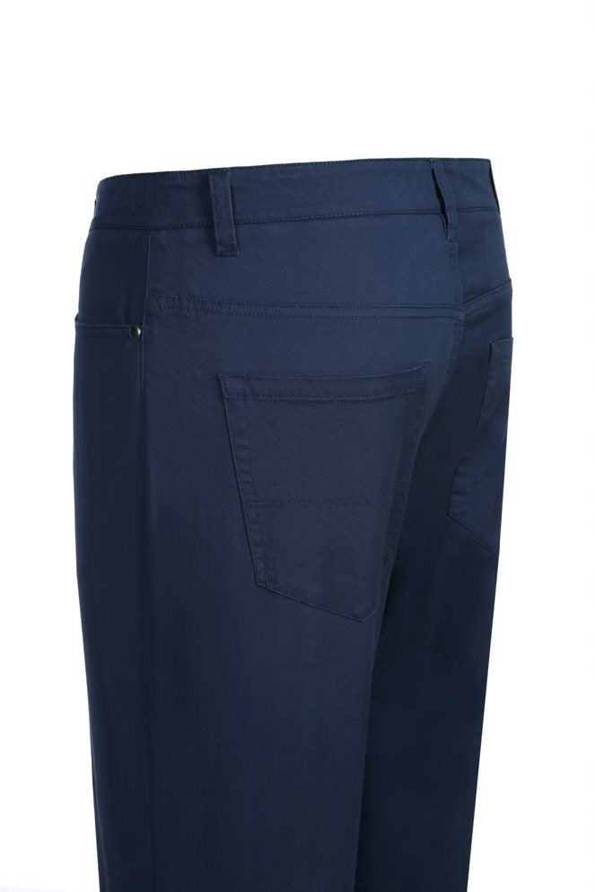 Renoir Stretch Cotton Flat Front Pants Straight Legs in Blue, solid blue pocket detail on white background.