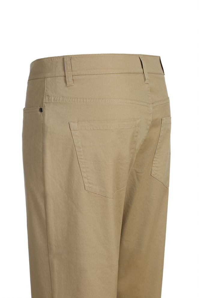 Solid Khaki Renoir Stretch Cotton Flat Front Pants Straight Legs, showing waistband and pocket detail.