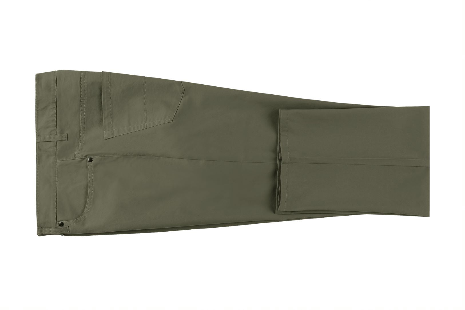 Solid Renoir Stretch Cotton Flat Front Pants Straight Legs in Olive, with flat front, straight legs, and a visible pocket.