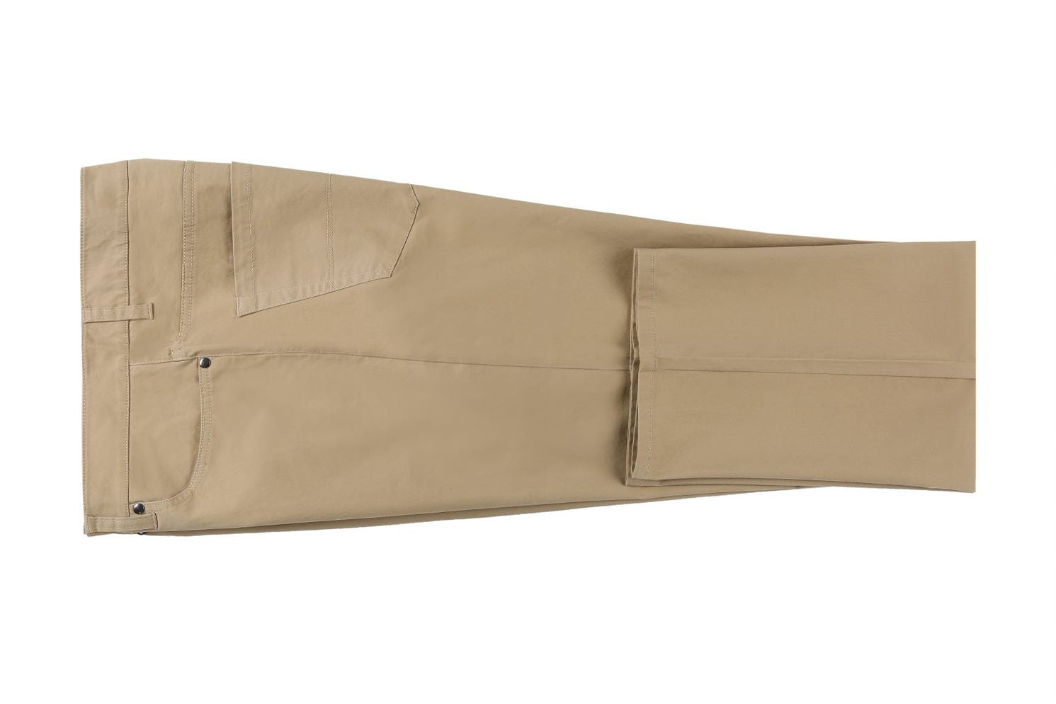 Solid Renoir Stretch Cotton Flat Front Pants Straight Legs in Khaki, with visible button and pocket details.