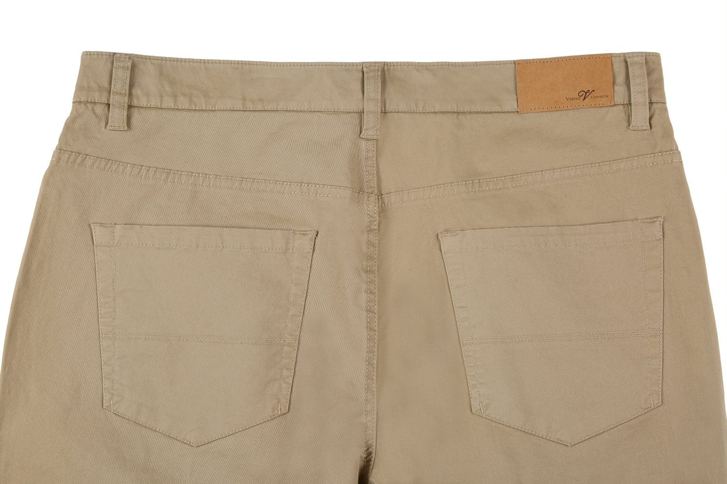 Solid Stretch Cotton Flat Front Pants Straight Legs in Khaki, featuring button and pocket details.