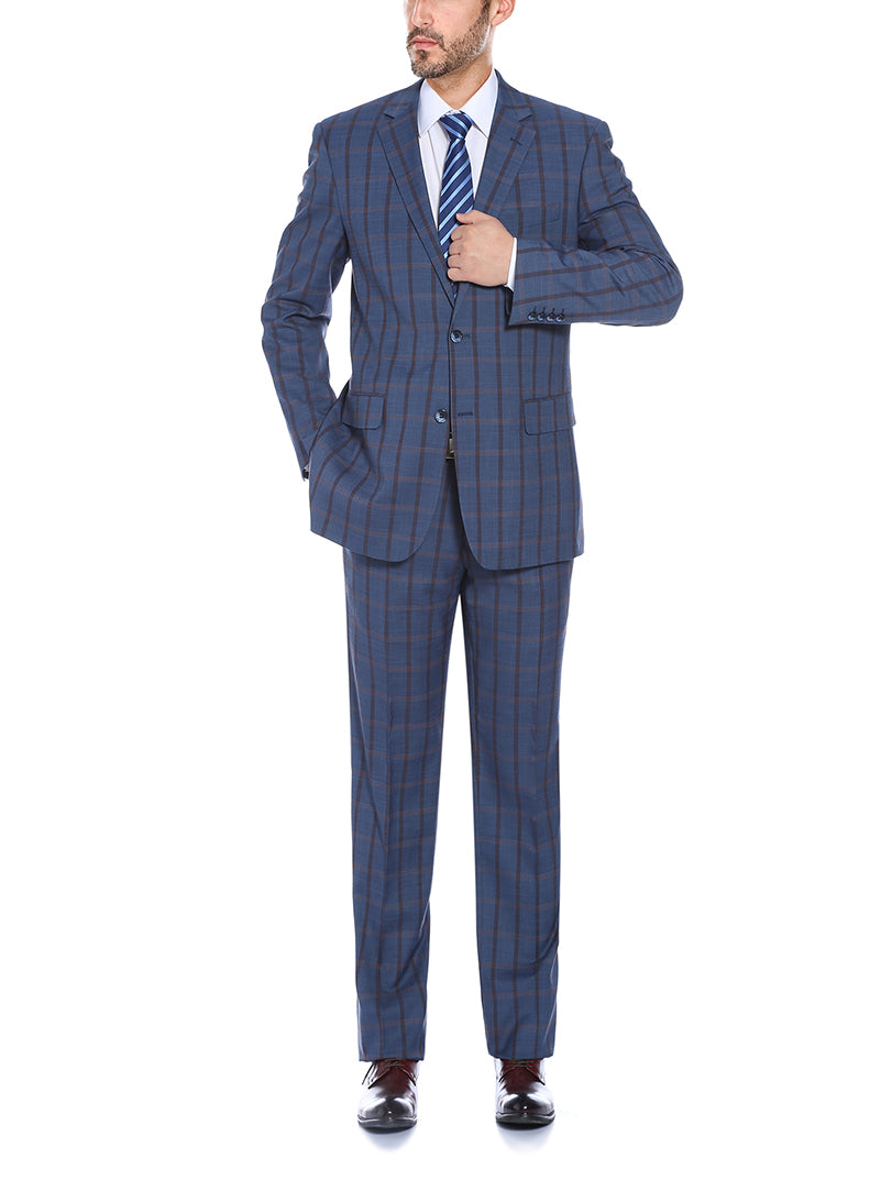 Renoir Bova Collection Blue Glen Plaid Stretch 2 Piece Regular Fit suit jacket with a tie.