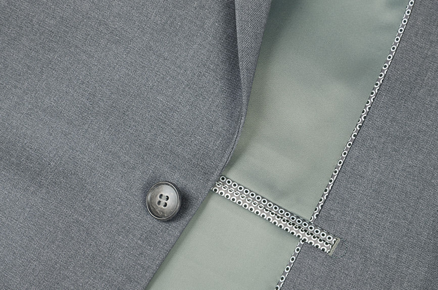 Renoir Slim Fit 2 Piece Gray Suit jacket, solid gray, showing the collar and front closure buttons.