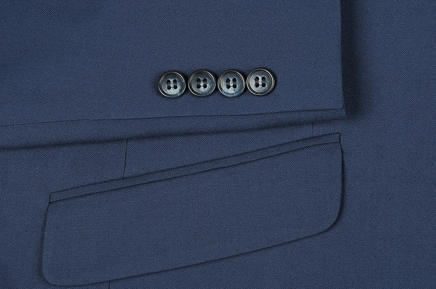 Solid Renoir Slim Fit 2 Piece Stretch Suit in Blue jacket with collar, buttons, and pocket detail.