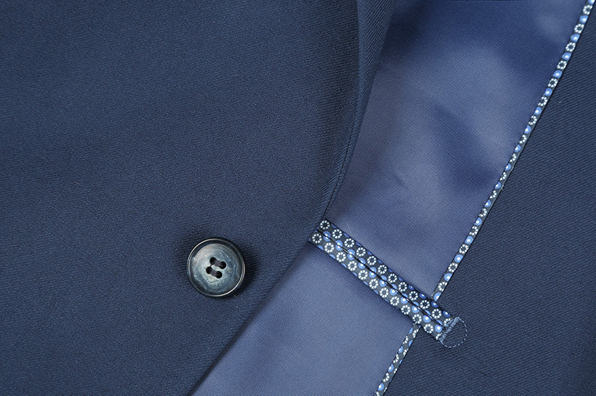 Solid blue Renoir Performance Stretch Suit 2 Piece Slim Fit jacket showing buttons, collar, and pocket detail.