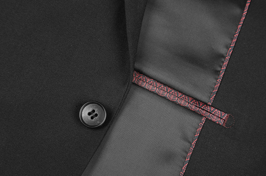 Renoir solid Performance Stretch Suit 2 Piece Slim Fit in Black jacket, showing collar, front buttons, and a pocket.