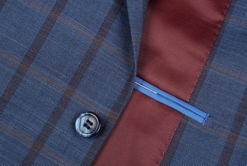 Checkered Renoir Bova Collection Stretch Suit 2 Piece Blue Glen Plaid Regular Fit jacket, with lapels and buttons.