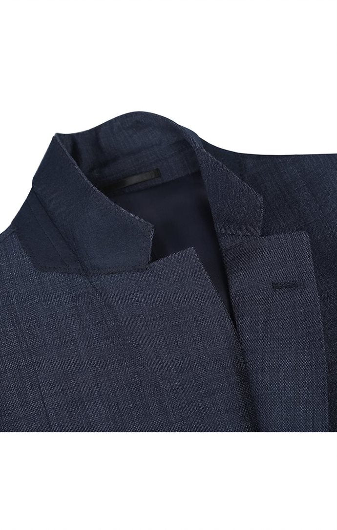 Renoir Wool Blend Regular Fit 2 Piece Suit 2 Button in Navy jacket, solid, showing collar and pocket.