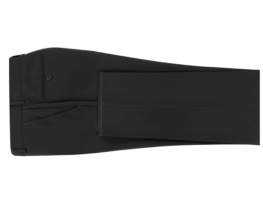 Close-up of a solid pocket on Renoir Dress Pants Regular Leg Un-Hemmed Bottoms in Black, on a white background.