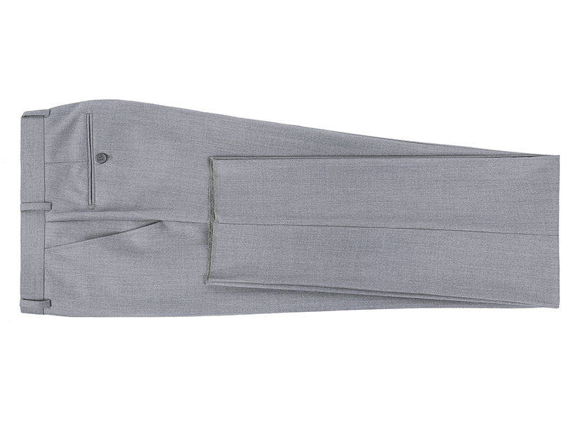 Close-up of a button and pocket on solid gray Renoir Dress Pants Regular Leg Un-Hemmed Bottoms on a white background.