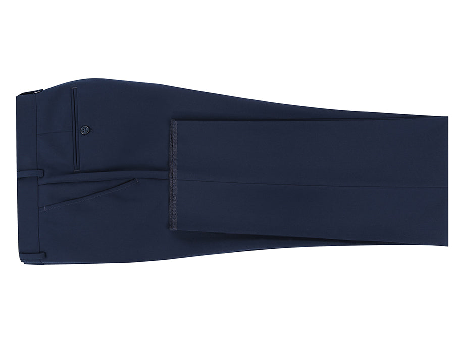 Close-up of a solid Navy Dress Pants Regular Leg Un-Hemmed Bottoms pocket, showing button detail on a white background.