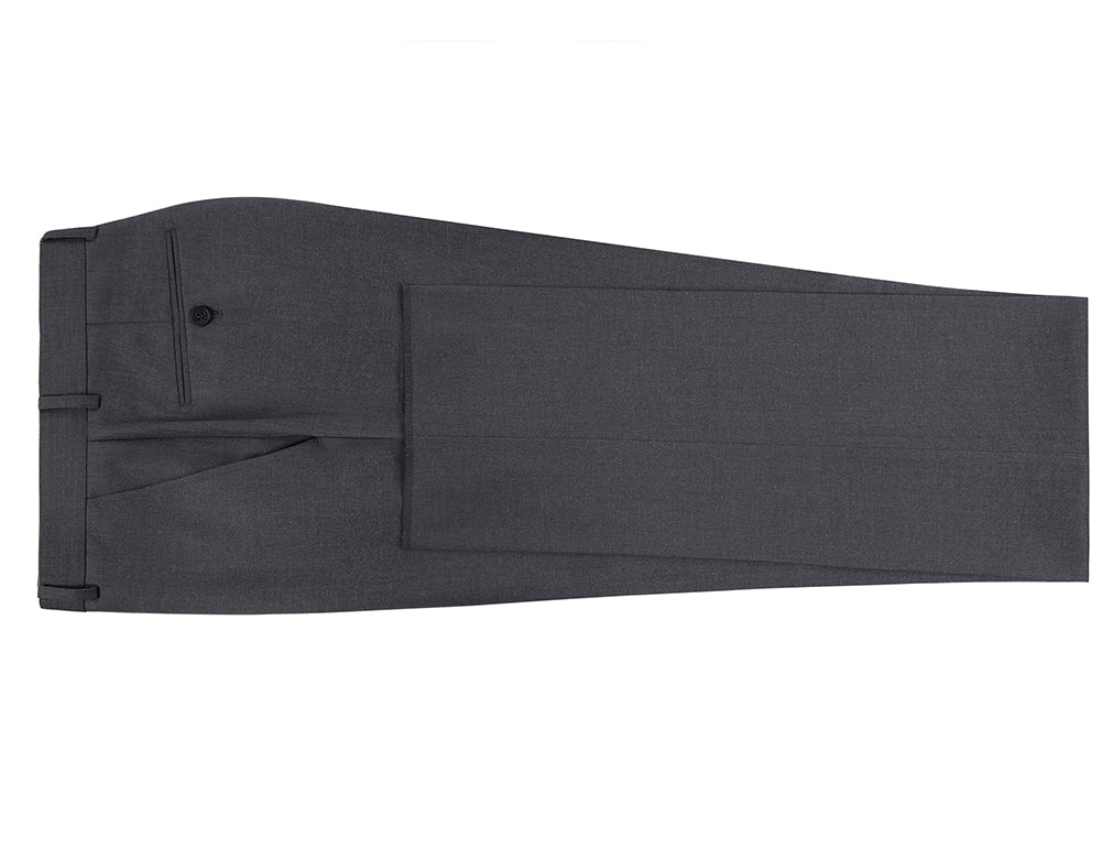 Solid Charcoal Dress Pants Regular Leg Un-Hemmed Bottoms pocket with button on white.