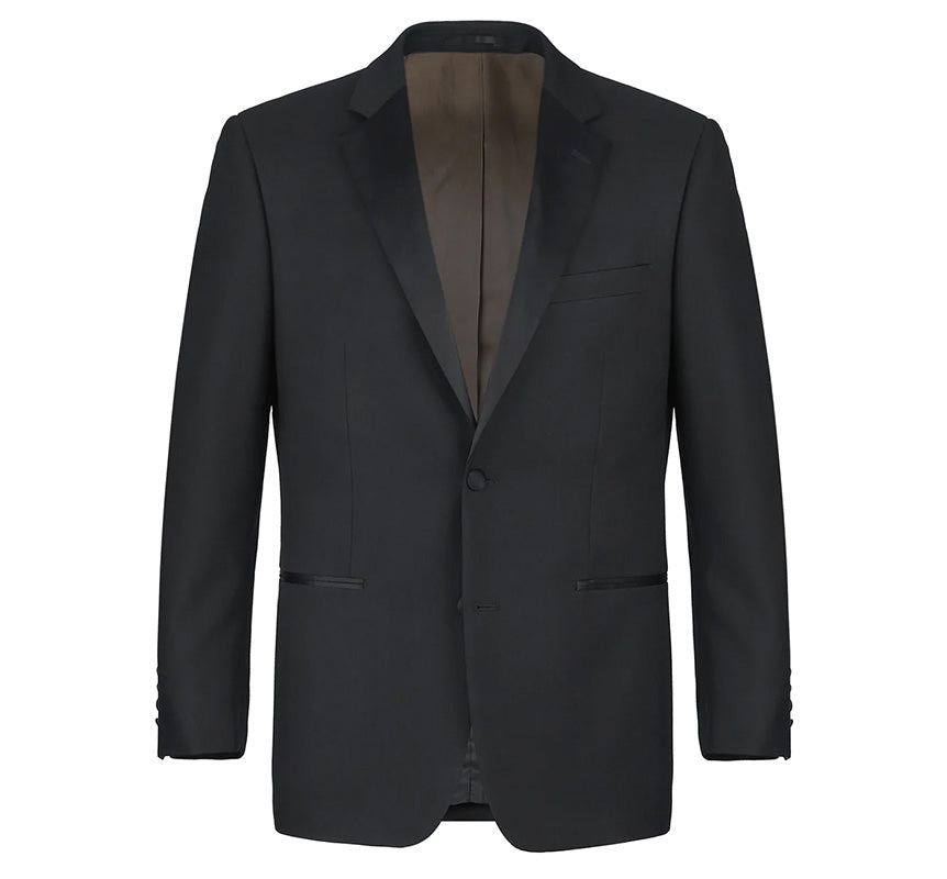 Classic Black Regular Fit 100% Wool Tuxedo Suit jacket, solid pattern, showing collar, button, pocket on white background.