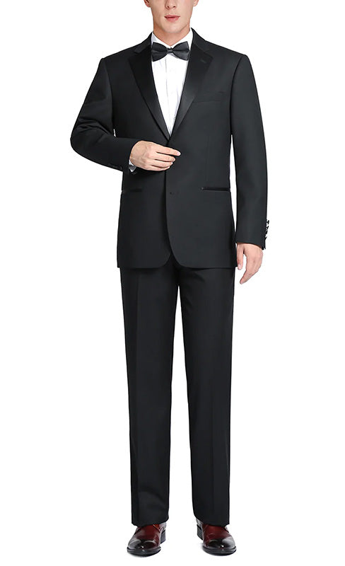 Solid Classic Black Regular Fit 100% Wool Tuxedo Suit jacket with collar, buttons, and pockets, shown with a tie and bow tie.