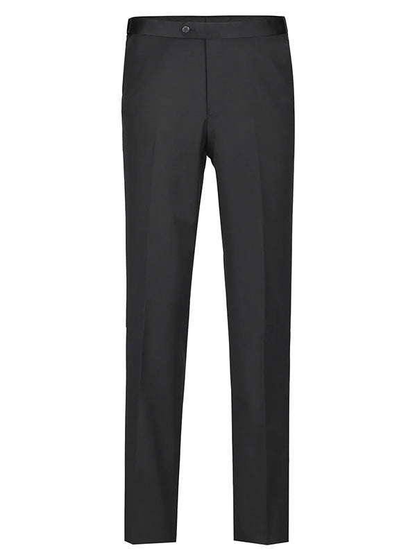 Solid Classic Black Regular Fit 100% Wool Tuxedo Suit pants showing pocket detail on a white background.