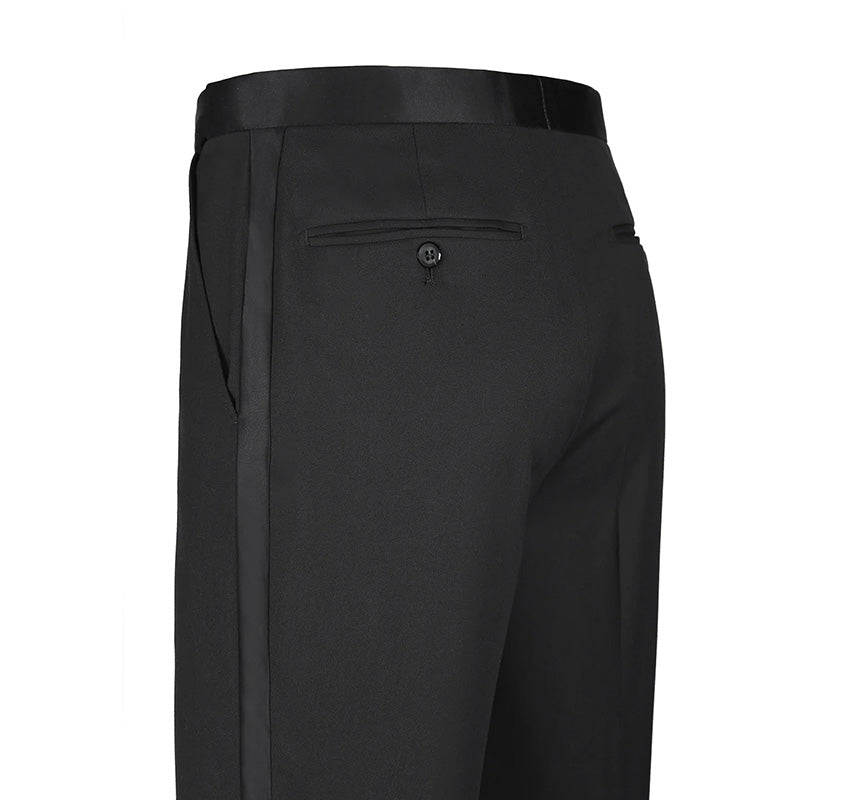Folded solid Classic Black Regular Fit 100% Wool Tuxedo Suit trousers on a white background.
