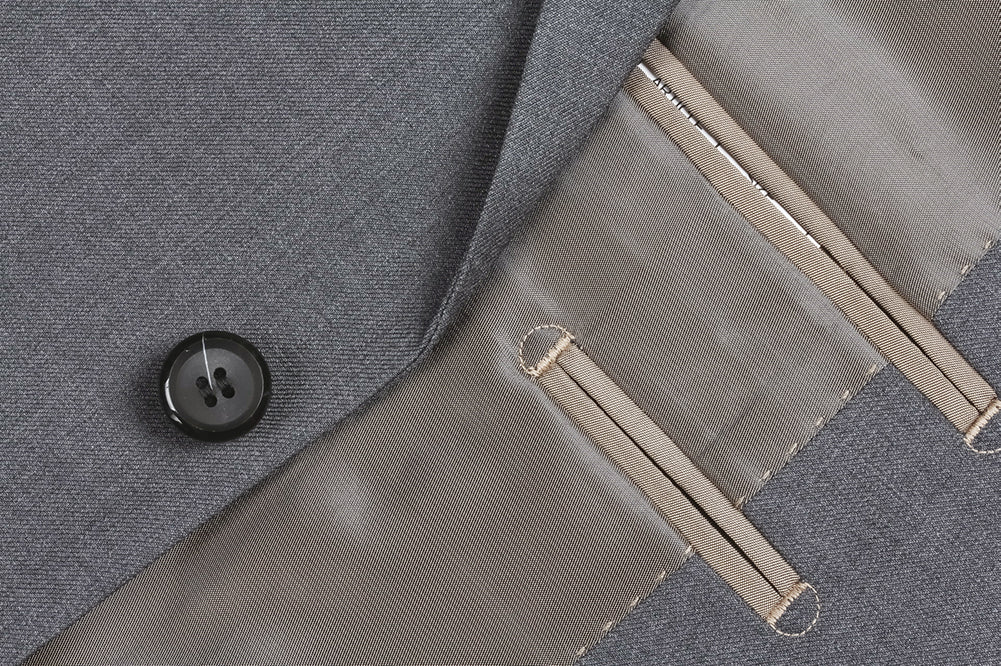 Gray 100% Virgin Wool Slim Fit Pick Stitch 2 Piece Suit jacket, showing 2 front buttons.