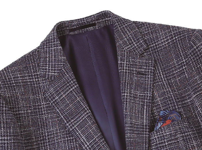 Close-up of men's slim fit stretch wool linen tweed plaid blazer fabric