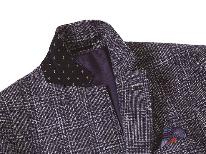 Close-up of men's slim fit stretch wool linen tweed plaid blazer texture