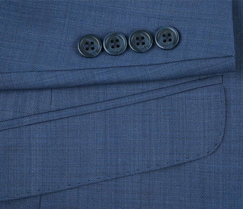 Solid blue collar, button, and pocket close-up on the Renoir Wool Single Breasted Dress Suit Slim Fit 2 Piece 2 Button.
