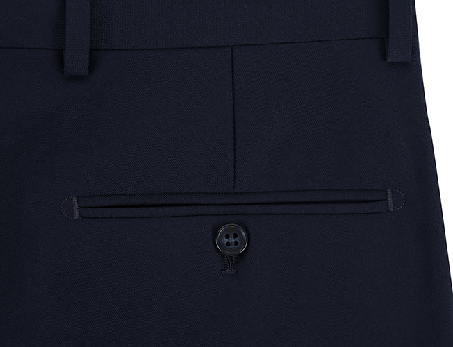 Detailed close-up view of the solid pocket on Renoir Dress Pants Regular Leg Un-Hemmed Bottoms in Dark Navy.